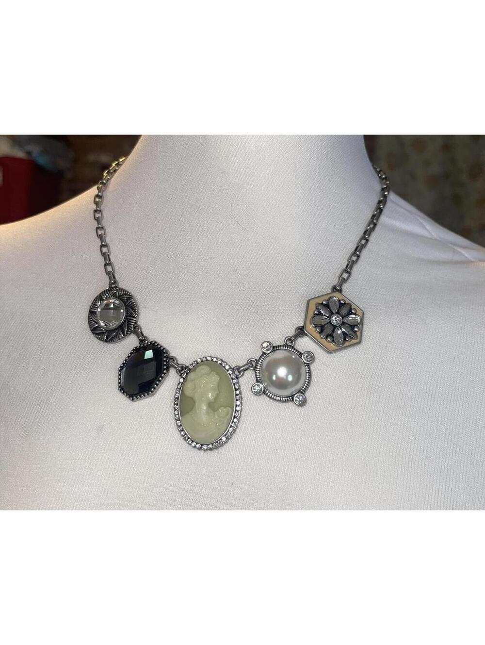 Tia Sophia Vintage Style Mixed Charm Necklace with Cameo and Faux Pearl